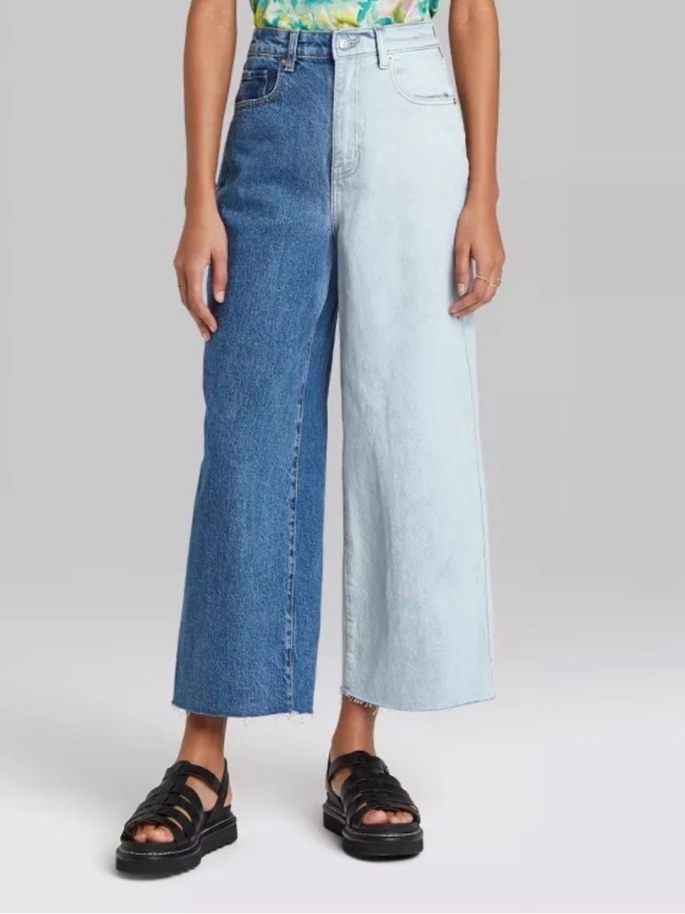 wild fable Two-Tone Blue Wide Leg Jeans - Dark & Light Wash